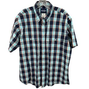 Wrangler Mens Pearl Snap Western Shirt XL Plaid Short Sleeve Cotton Blue‎ Black